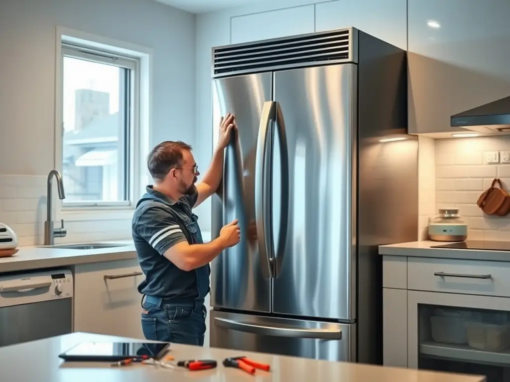 A close-up shot of a technician expertly repairing the internal components of a refrigerator, with various tools and parts neatly organized around them, set in a well-lit, modern kitchen.