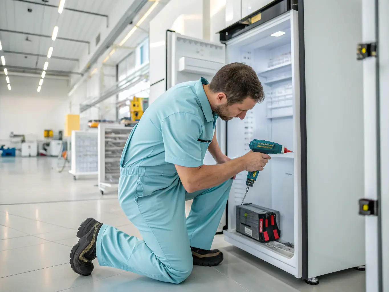 A friendly Bright Home Appliance Services technician repairing a refrigerator in a modern Los Angeles kitchen, with sunlight streaming through the window.