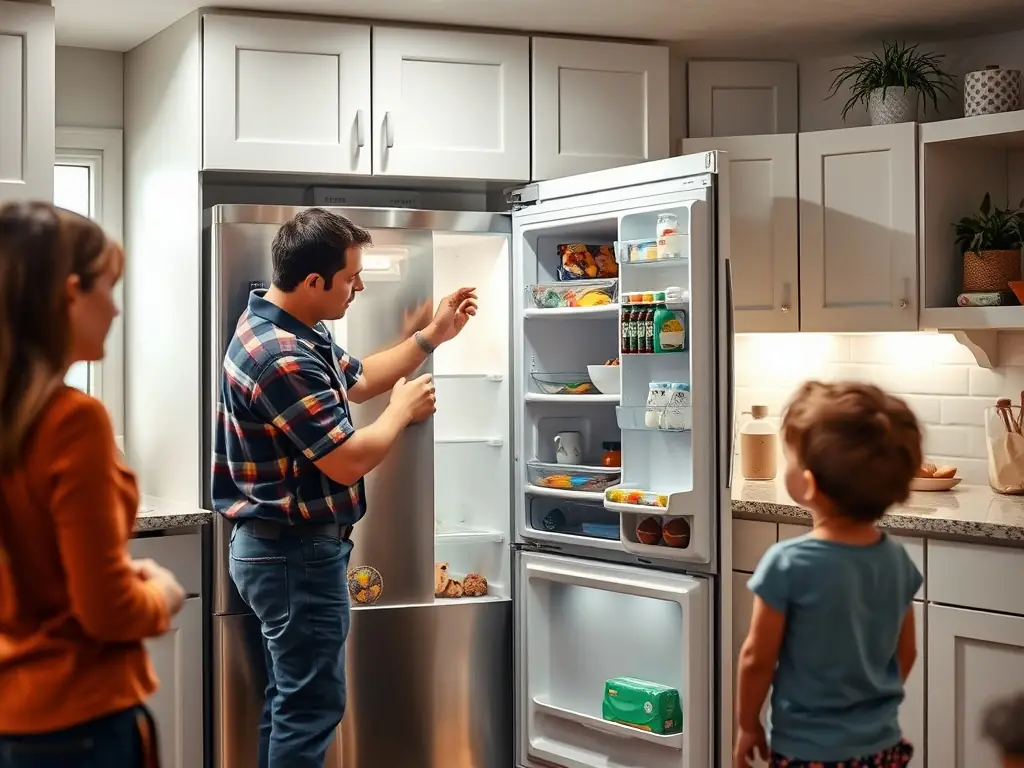 A friendly, uniformed Bright Home Appliance Services technician smiling and interacting positively with a customer in their kitchen, with a modern refrigerator in the background.